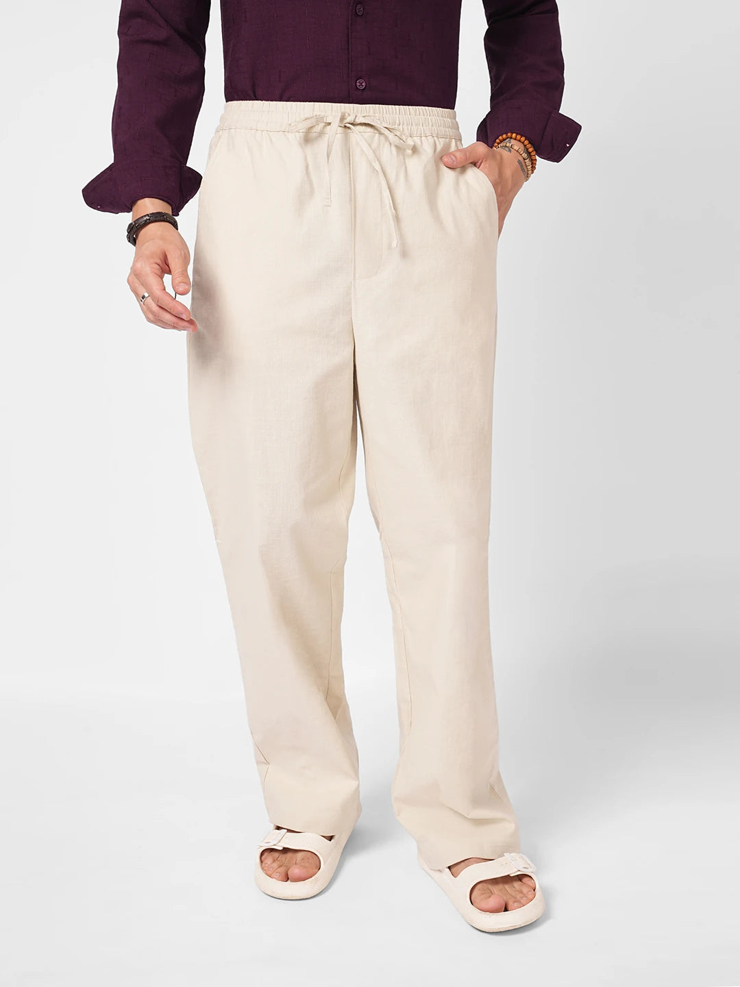 Creamy Beige Slub Weave Straight Fit Trousers