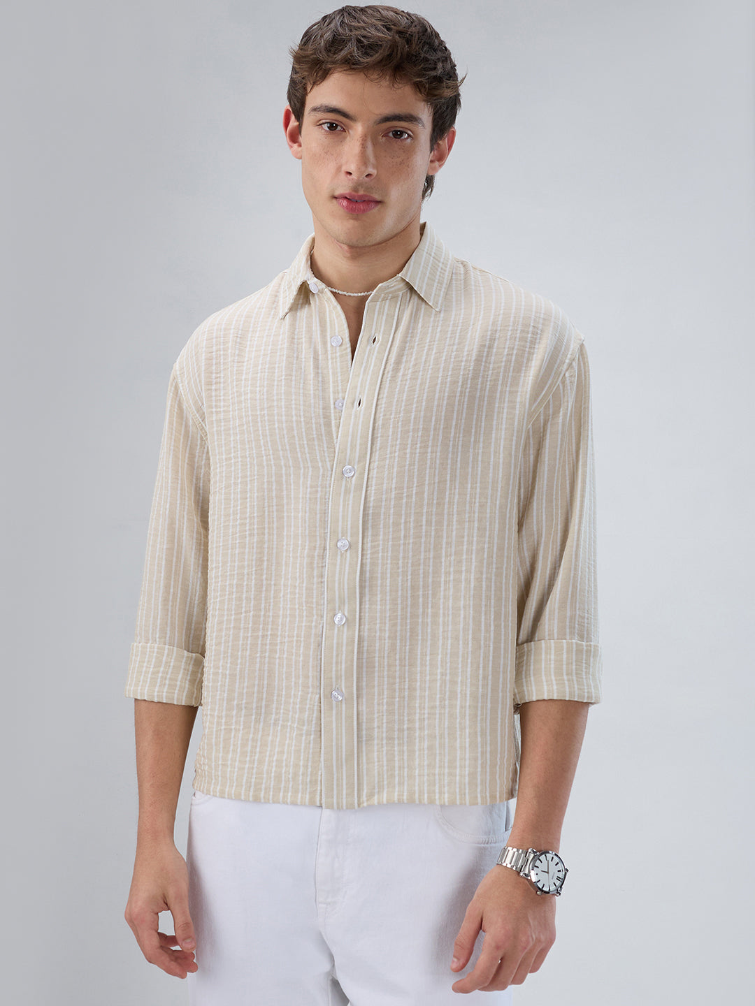 Beige Vertical Striped Crinkled Boxy Fit Crop Shirt