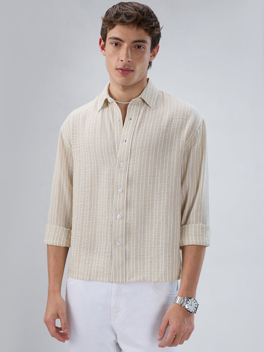Beige Vertical Striped Crinkled Boxy Fit Crop Shirt