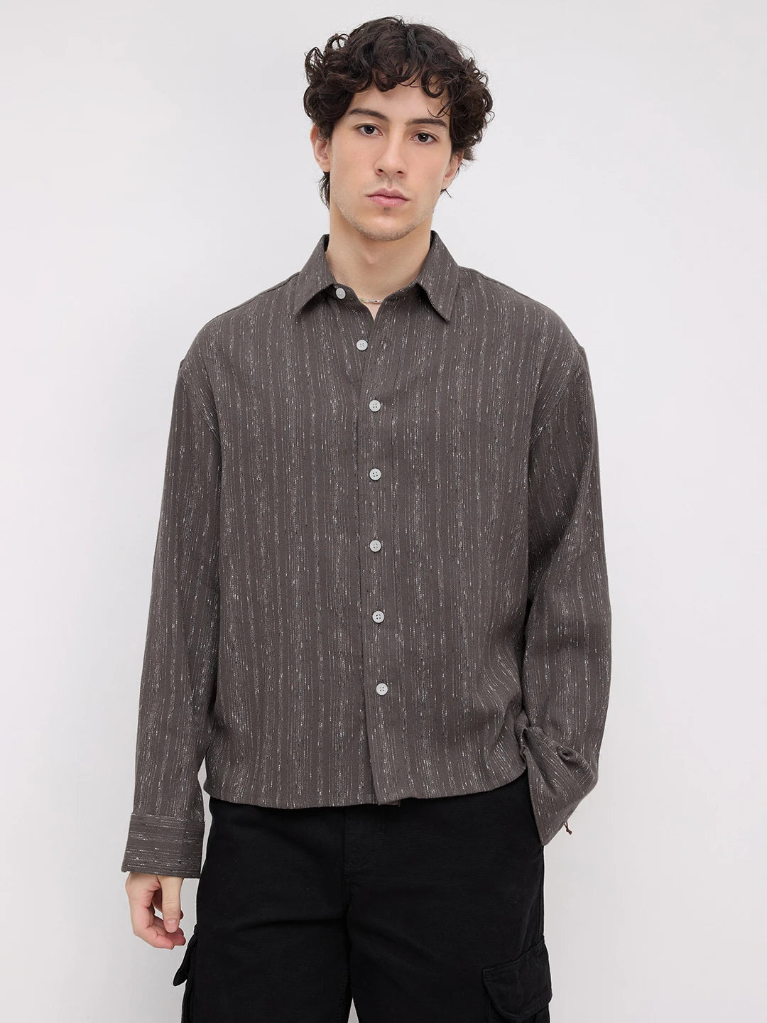 Deep Grey Artisan Loomscape Boxy Fit Crop Shirt