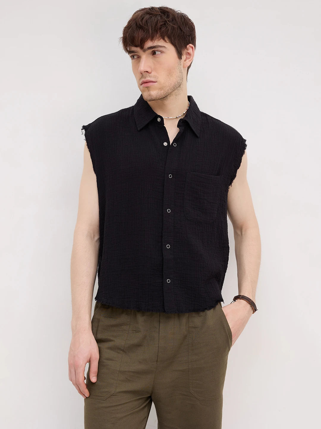 Iconic Black Double Cloth Sleeveless Crop Shirt