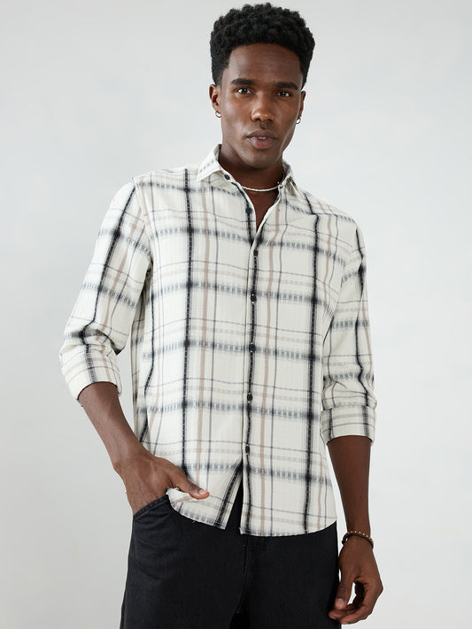 Premium White & Grey Soft Textured Checks Shirt