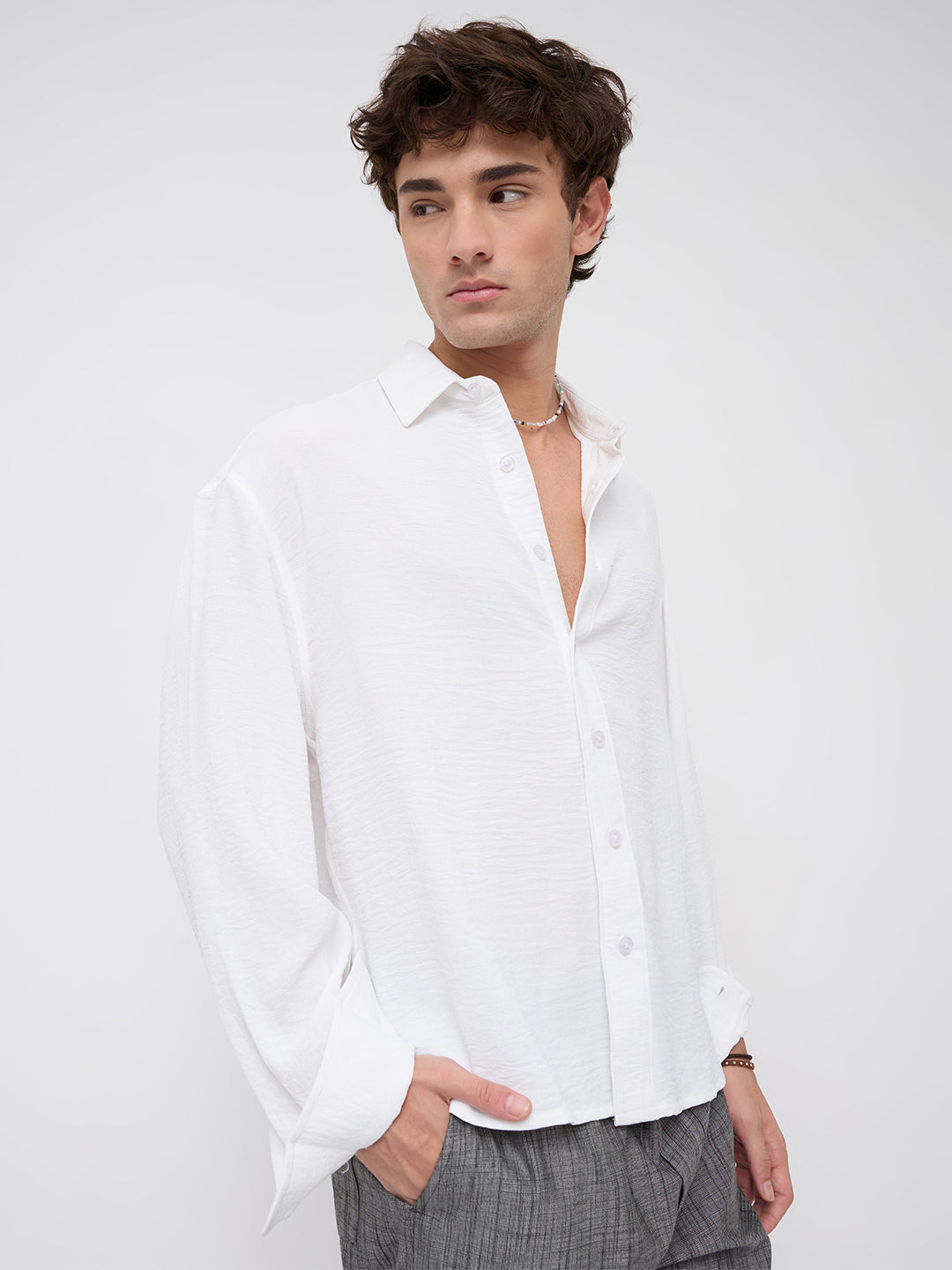 Snow White Crinkled Boxy Fit Crop Shirt