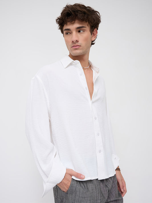 Snow White Crinkled Boxy Fit Crop Shirt