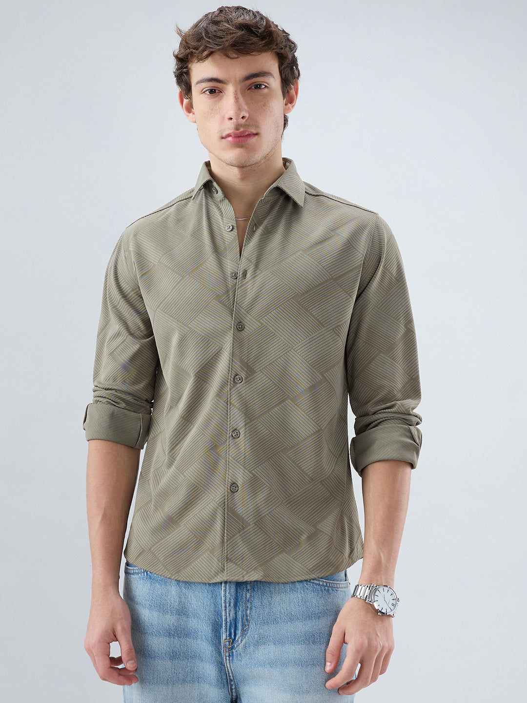 Intricate Olive Block Weave Knitted Shirt