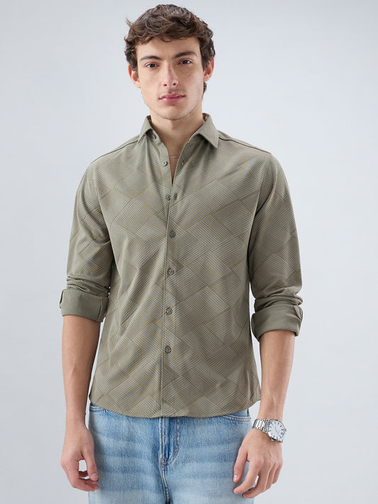 Intricate Olive Block Weave Knitted Shirt