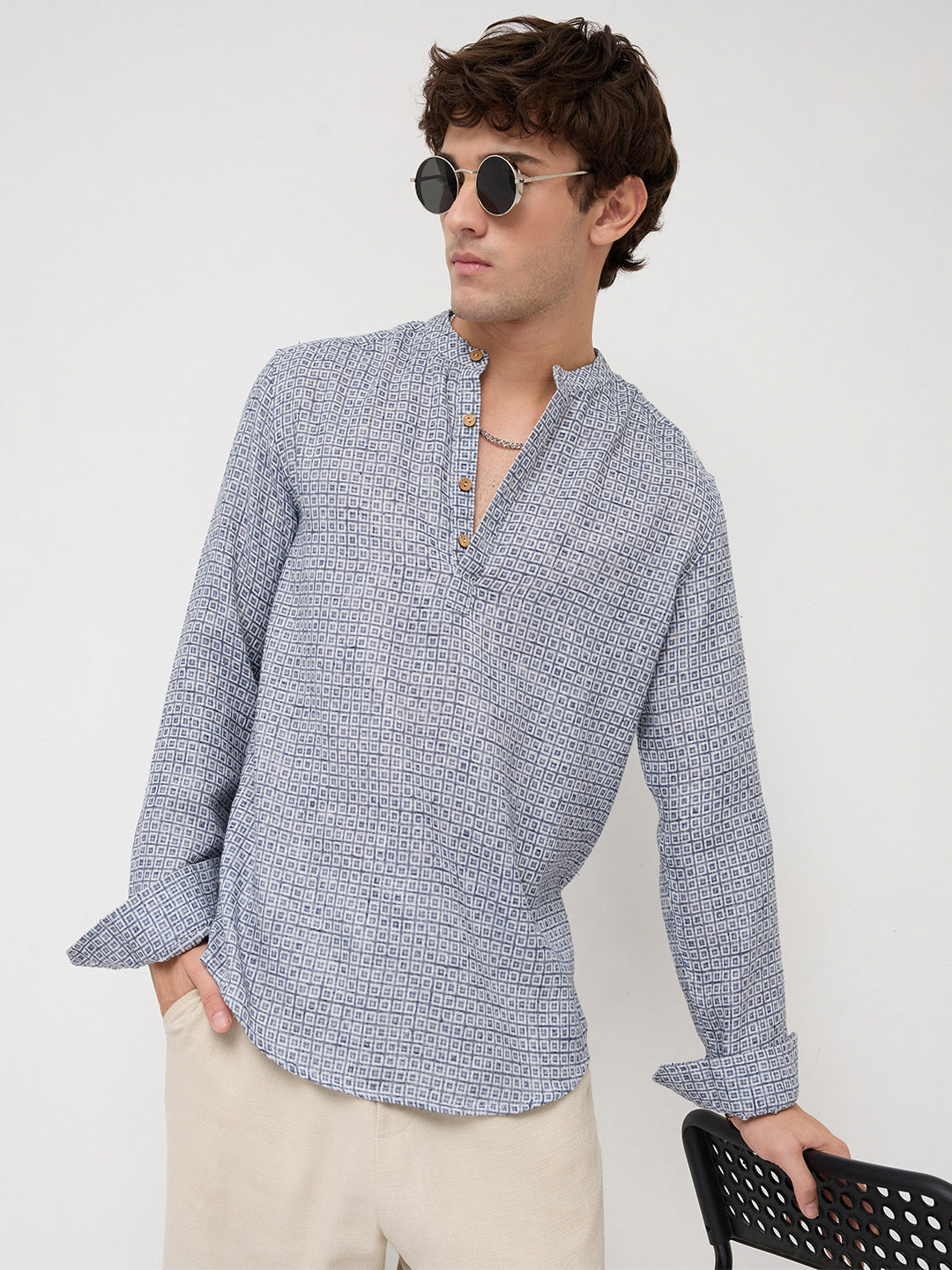 Navy Geometric Maze Textured Kurta