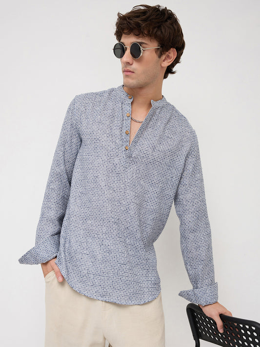 Navy Geometric Maze Textured Kurta