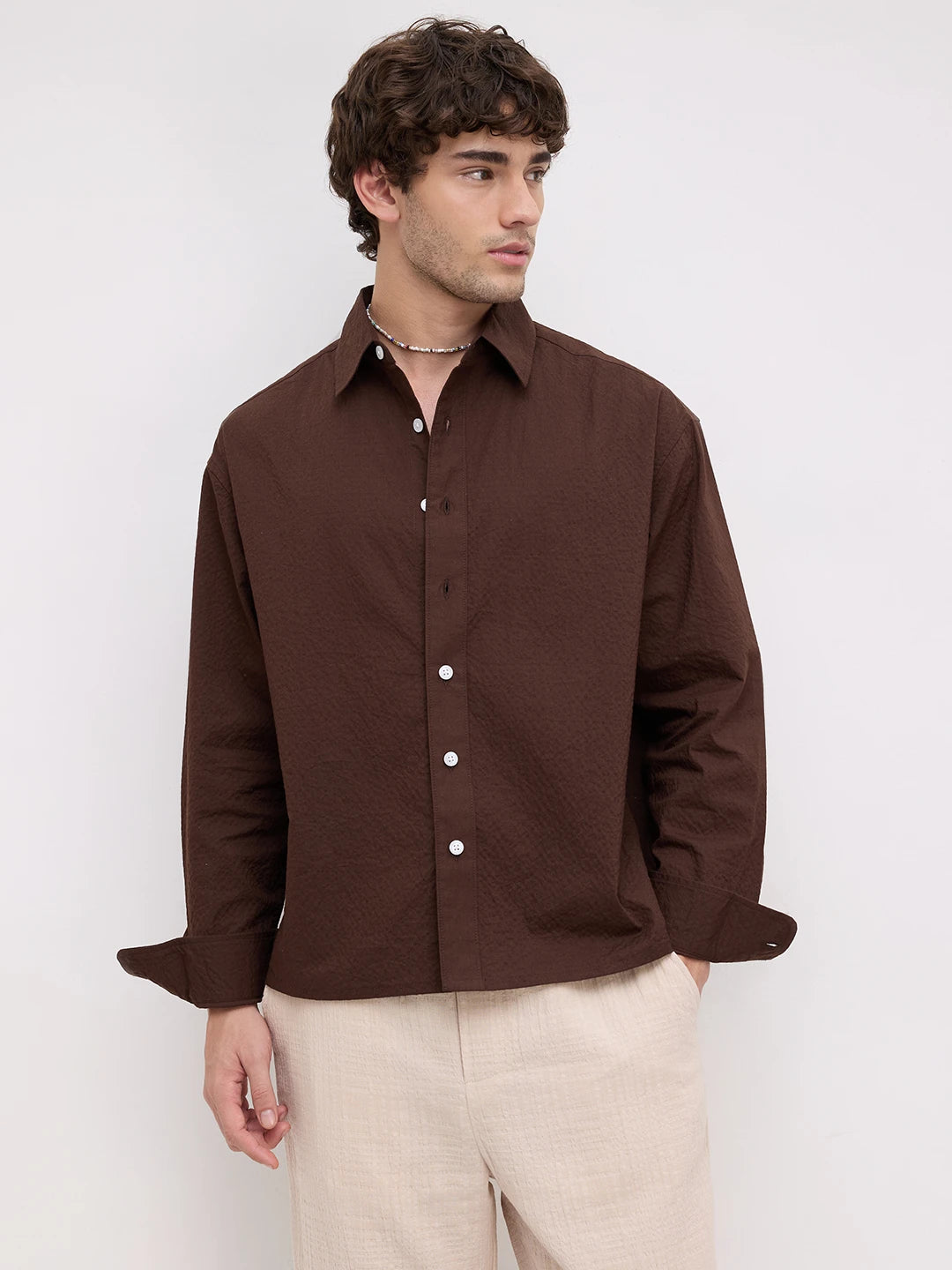 Rich Brown Boxy Fit Crop Shirt