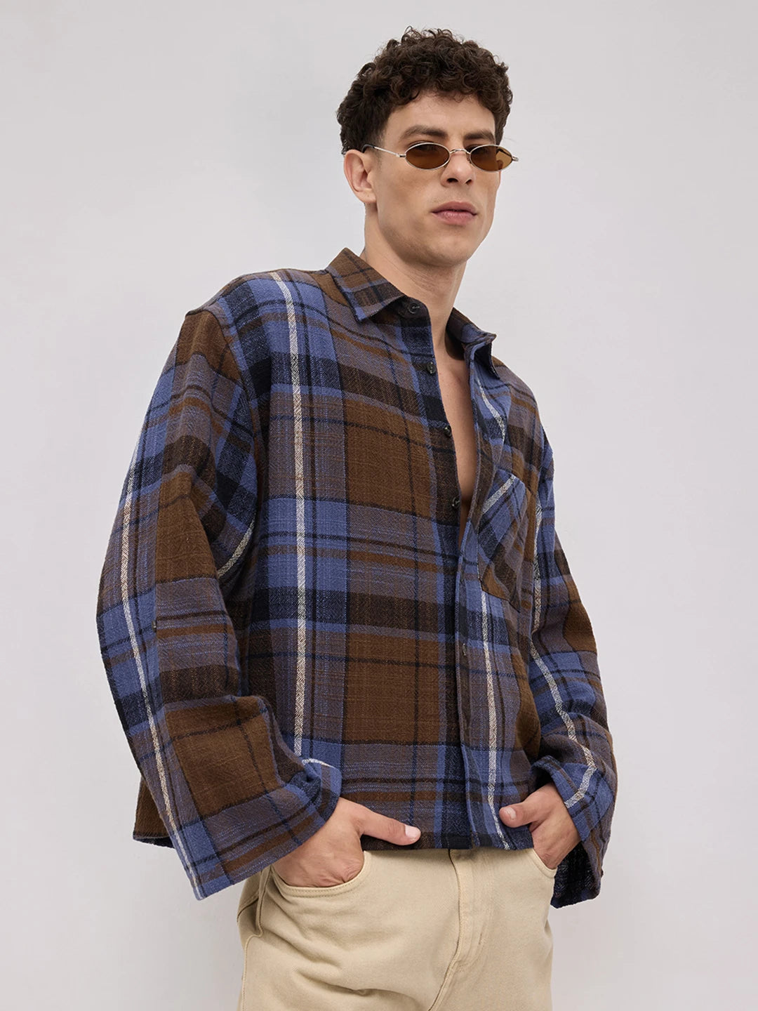 Effortless  Brown & Blue Glen Checks Cuffless Oversized Crop Shirt