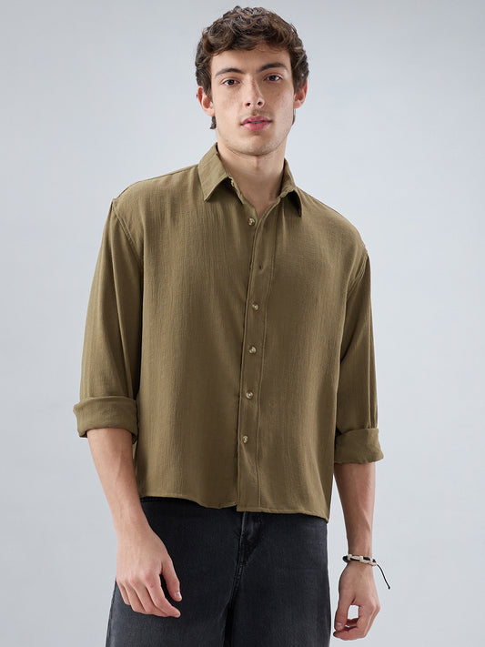 Pickle Olive Textured Boxy Fit Crop Shirt
