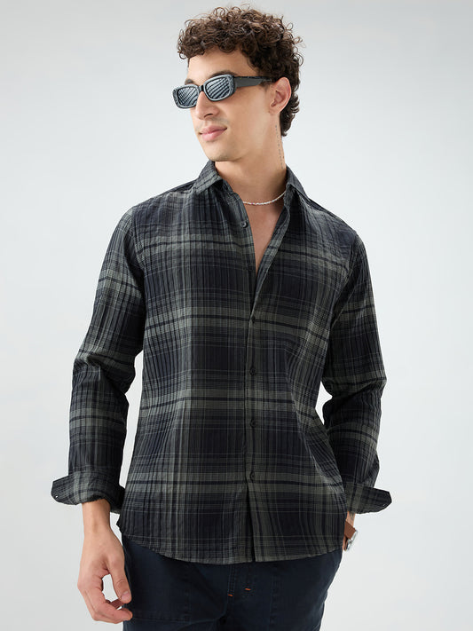 Black & Olive Plaid Checks Textured Shirt