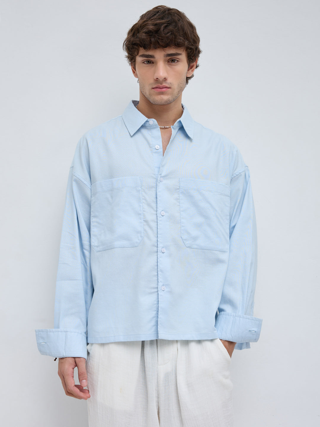 Light Blue Solid Double Pocket Boxy Fit Crop Shirt