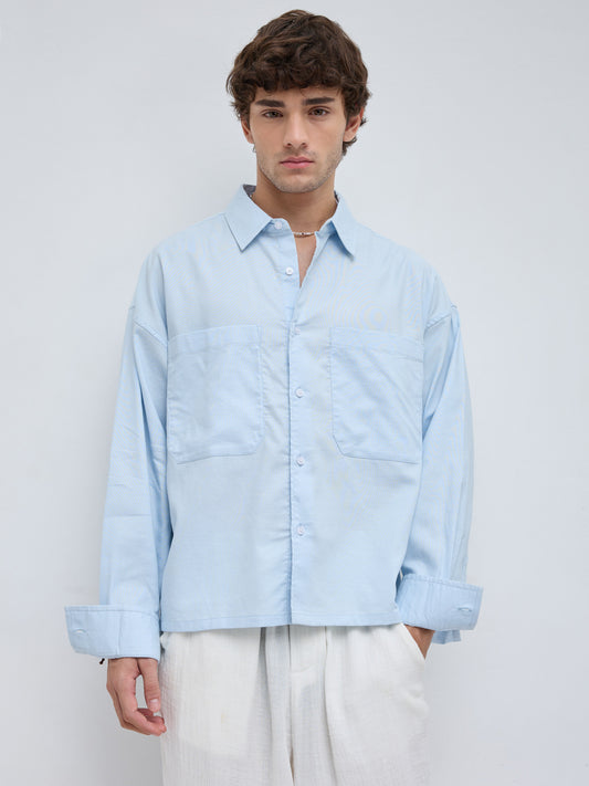 Light Blue Solid Double Pocket Boxy Fit Crop Shirt