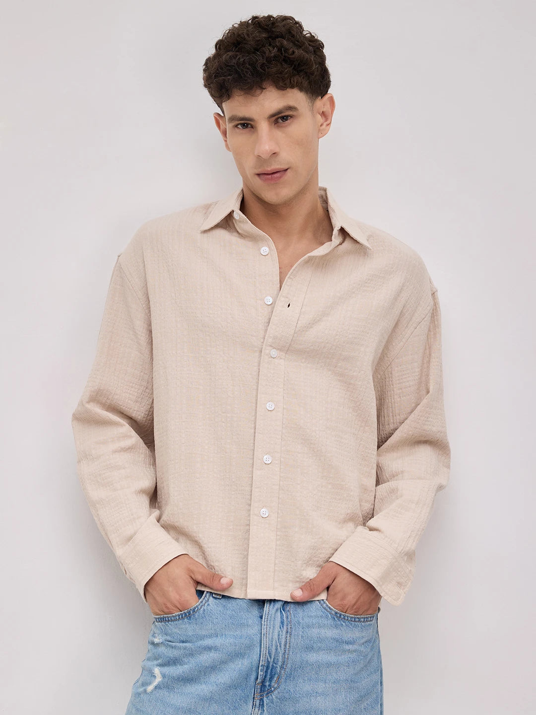 Beige Double Cloth Gauze Textured Boxy Fit Crop Shirt
