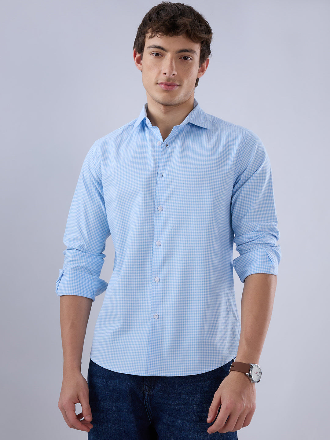 Sky Blue & White Tiny Checkered Oxford Shirt