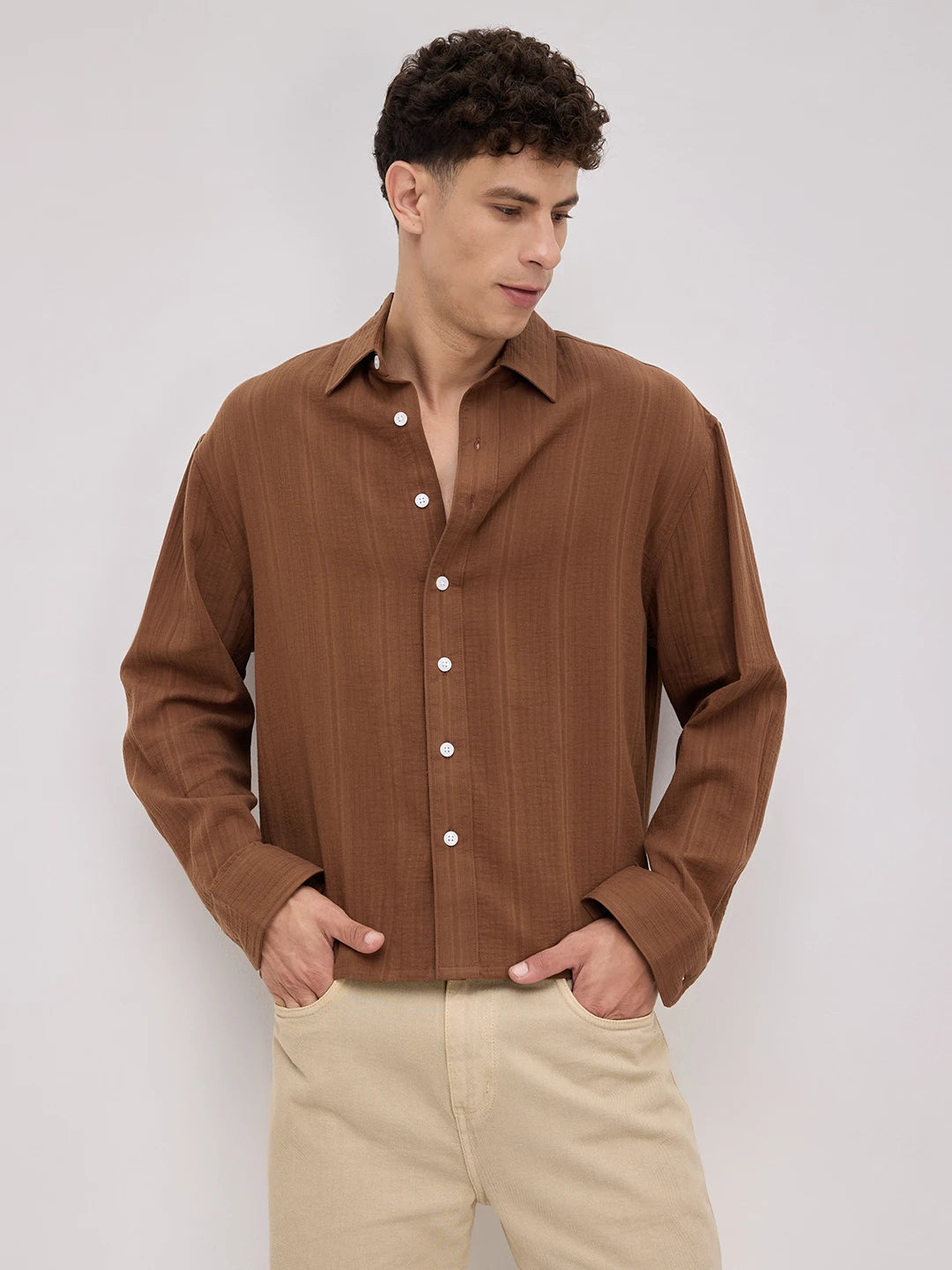 Cocoa Double Cloth Seersucker Striped Boxy Fit Crop Shirt