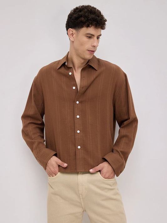 Cocoa Double Cloth Seersucker Striped Boxy Fit Crop Shirt