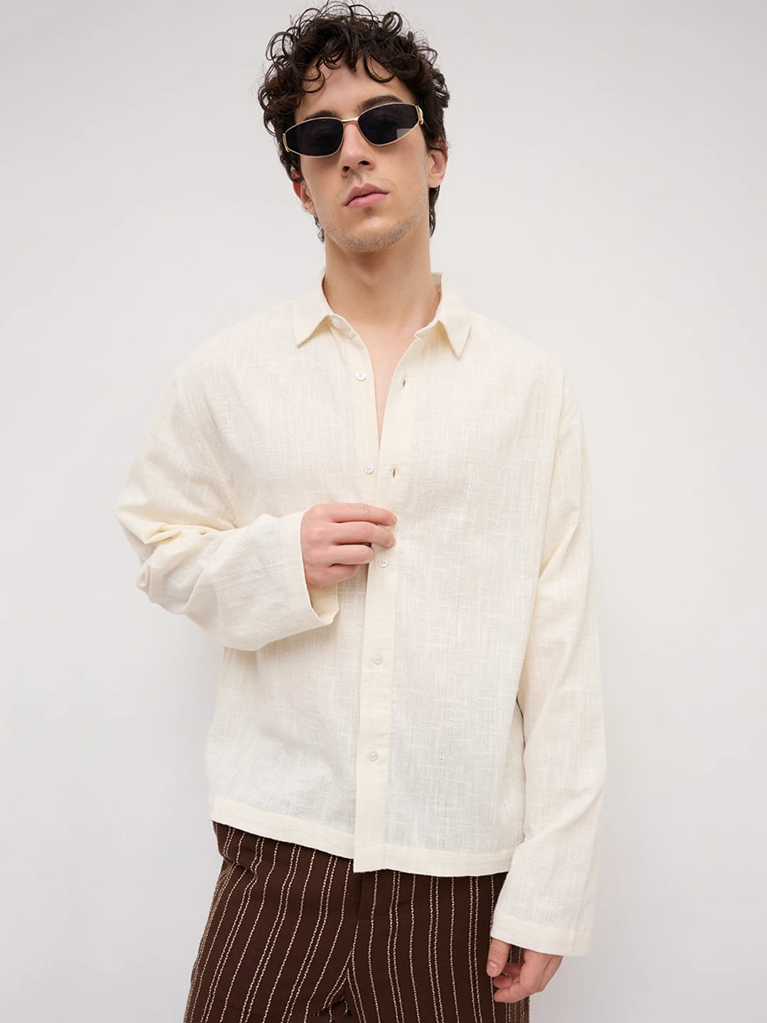 Ivory Sheer Striped Cuffless Oversized Shirt