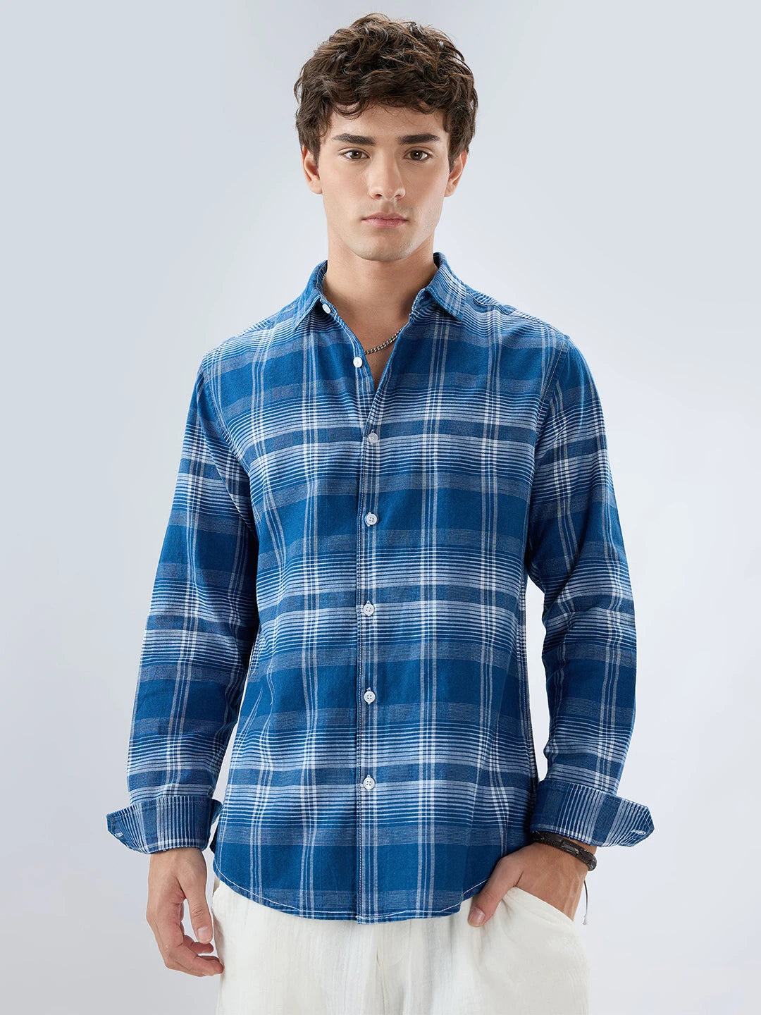 Denim Blue & White Horizontal Stripe Checked Shirt