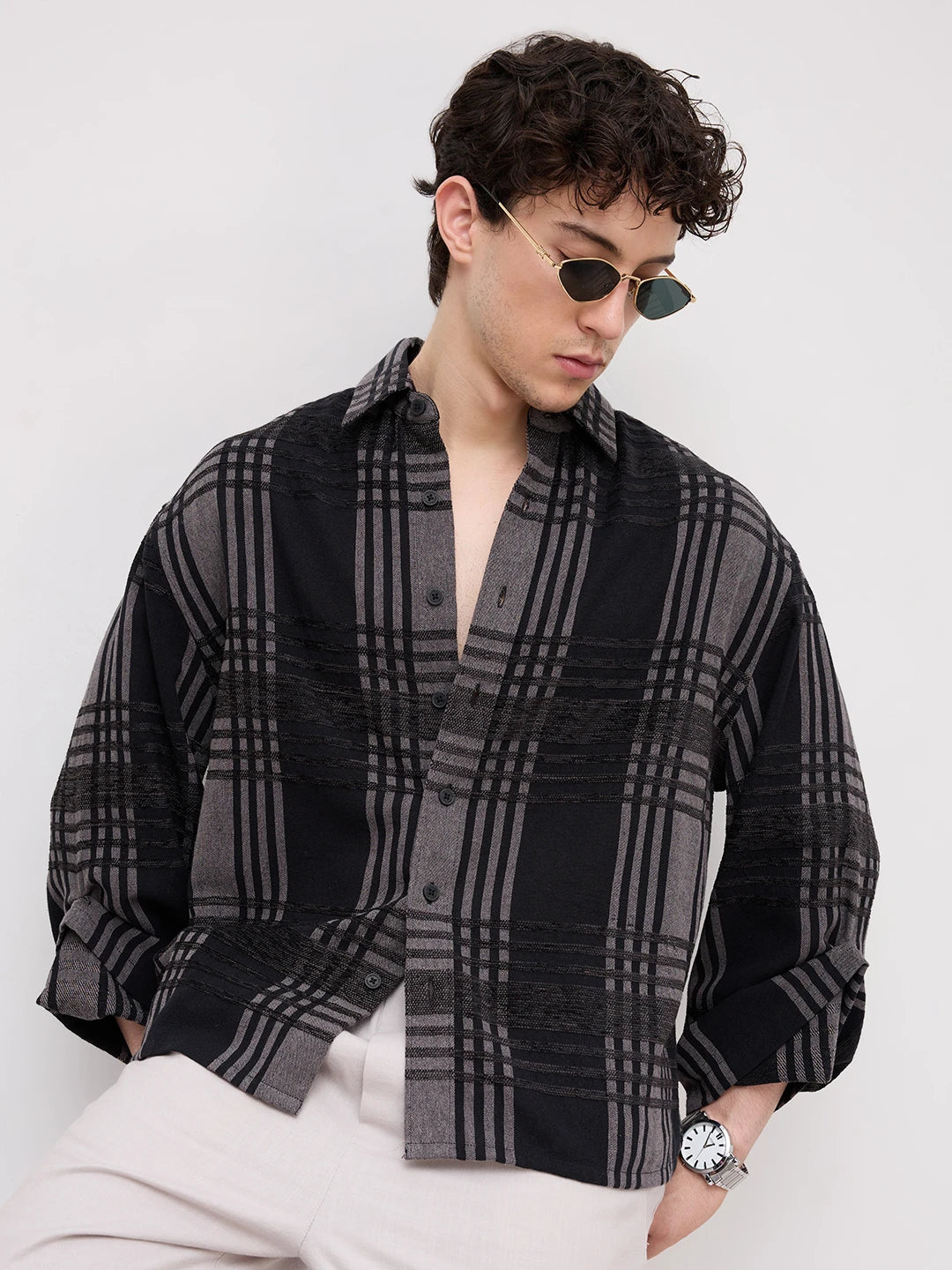 Grey & Black Raised Plaid Checks Cuffless Oversized Crop Shirt
