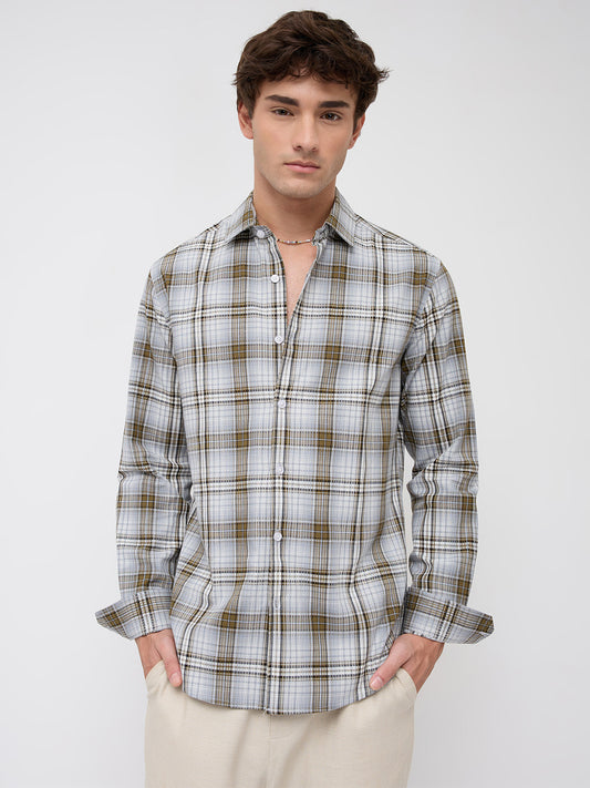 Olive & Grey Fine Plaid Checks Shirt
