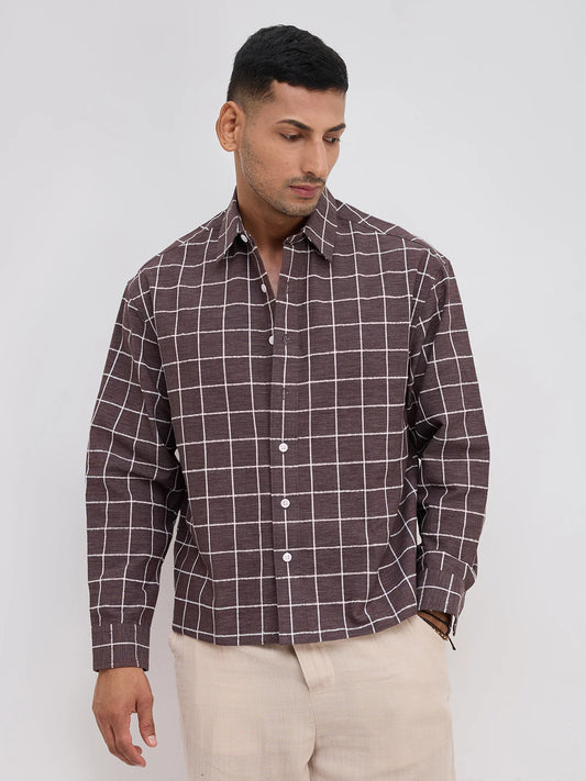 Espresso Brown Contrast Square Checks Boxy Fit Crop Shirt