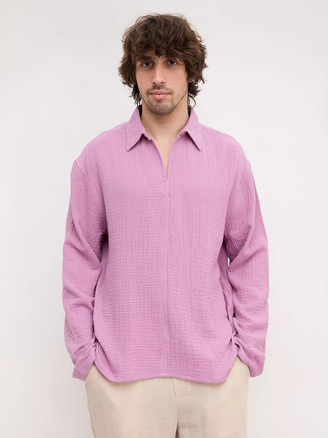 Deep Lilac Double Cloth Center Seam Oversized Polo Shirt