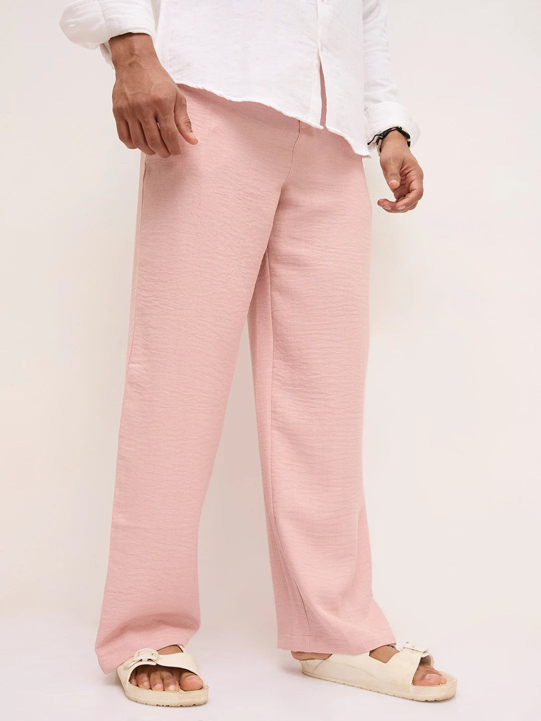 Elegant Champagne Pink Crinkled Wide Leg Trousers