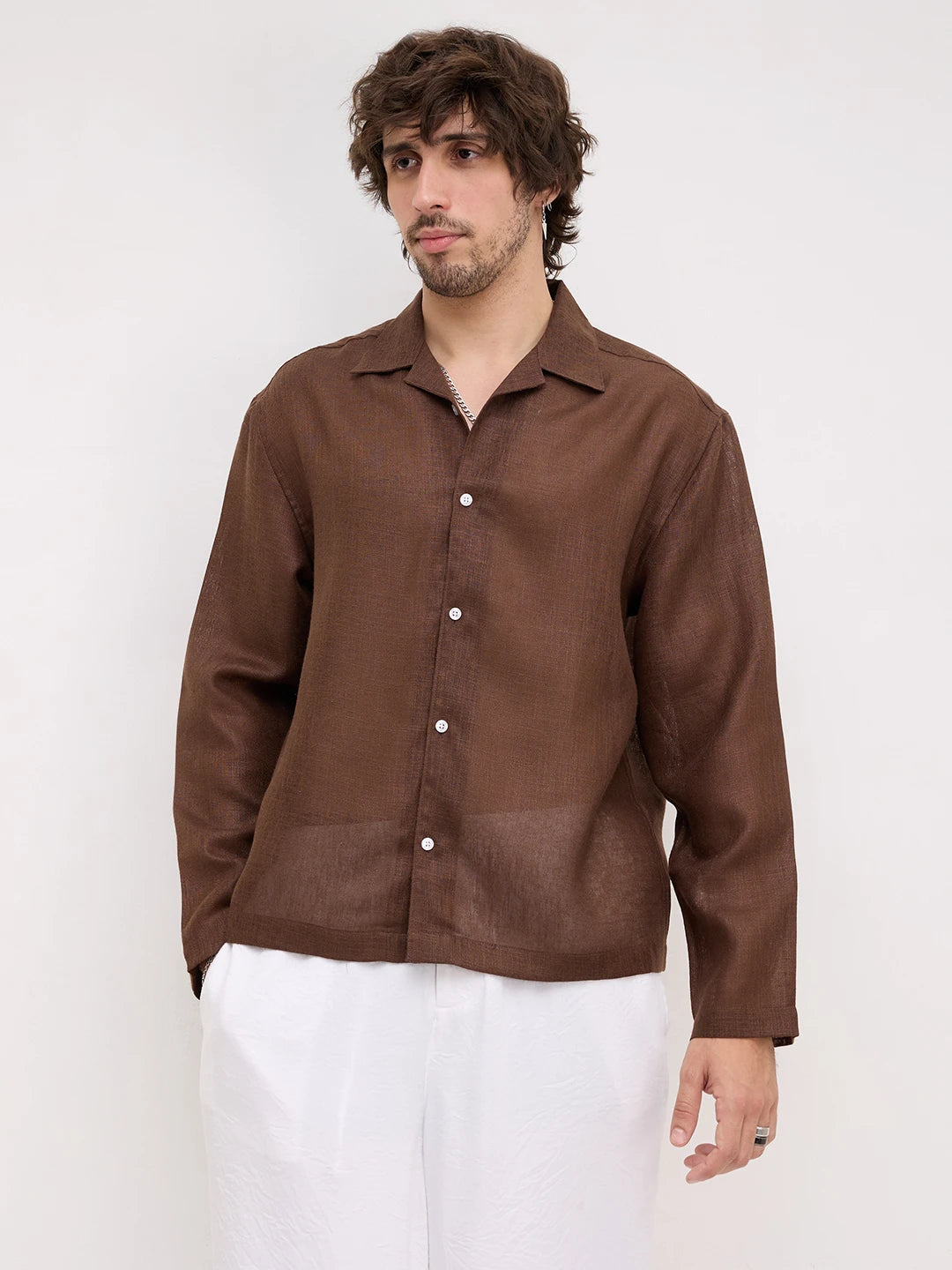 Coffee Brown Fine Textured Notch Collar Oversized Shirt