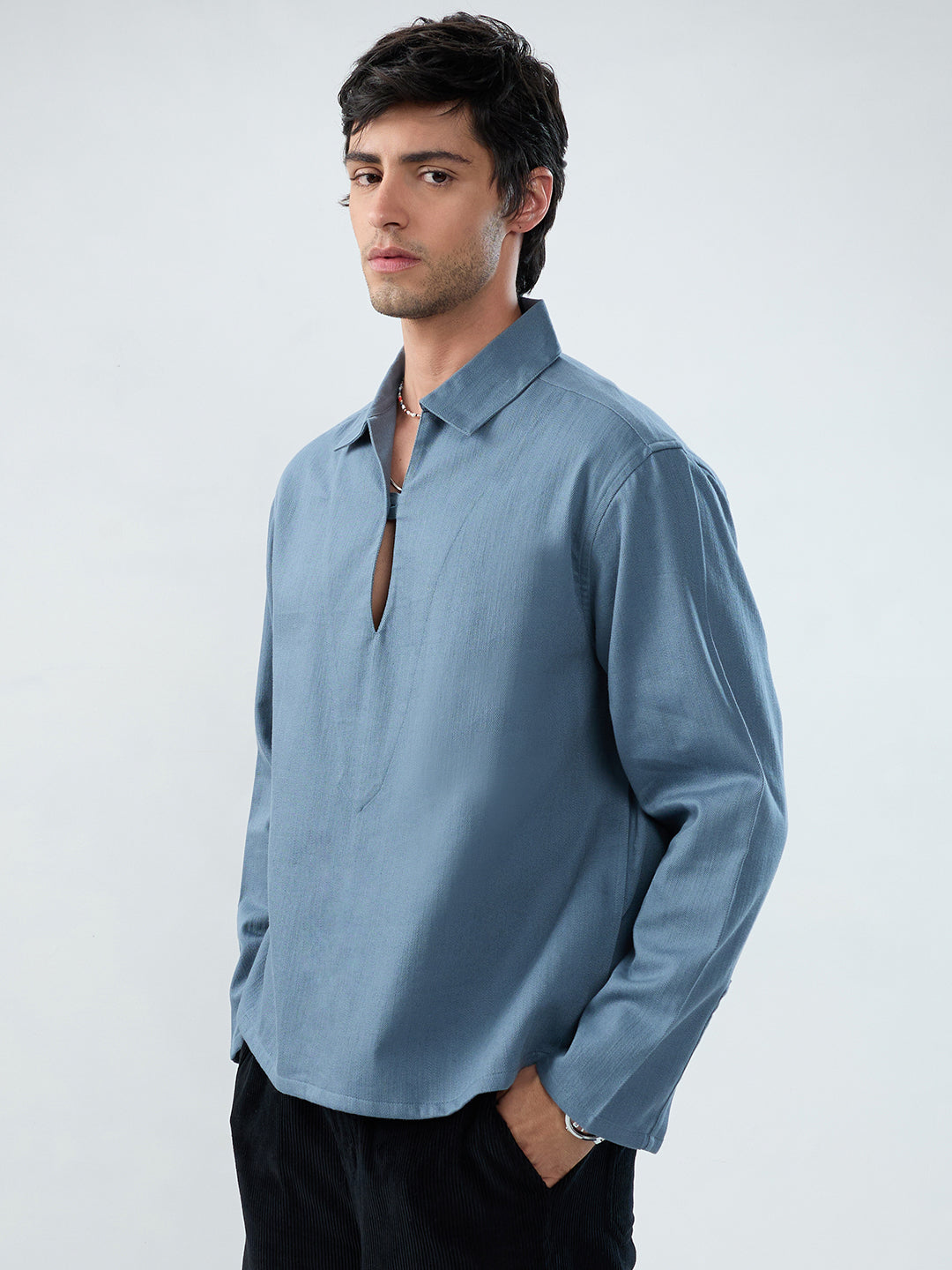 Slate Blue Cuffless Oversized Shirt