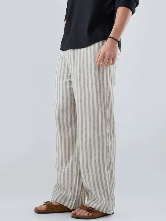 Olive & Ivory Striped Linen Blend Wide Leg Trousers