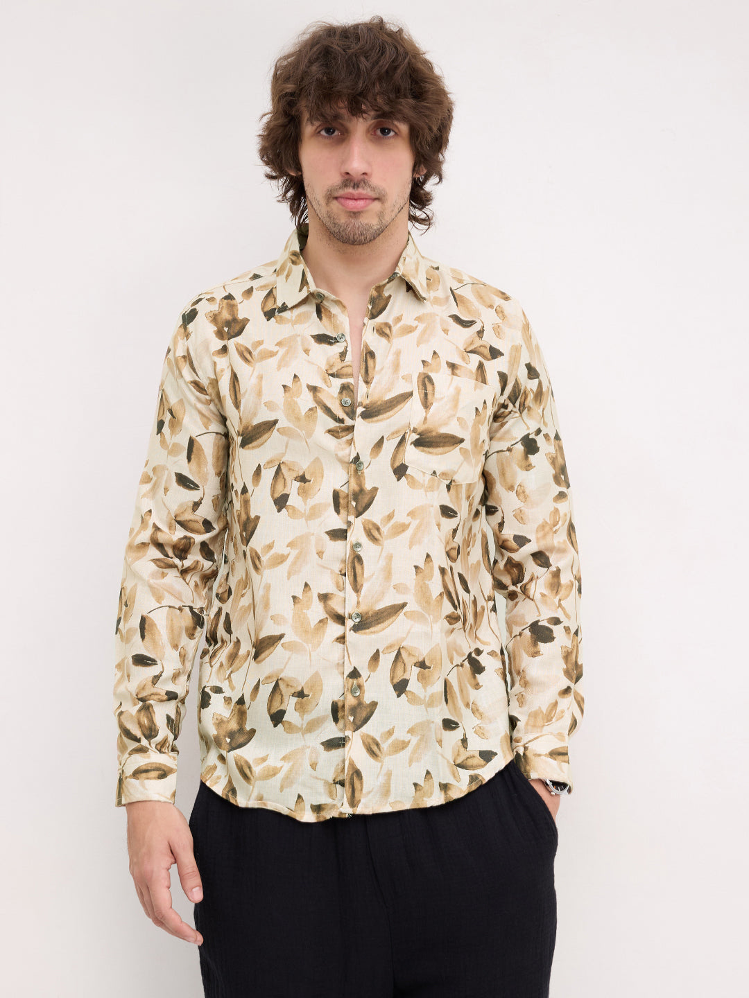 Camel Beige Artistic Floral Printed Shirt