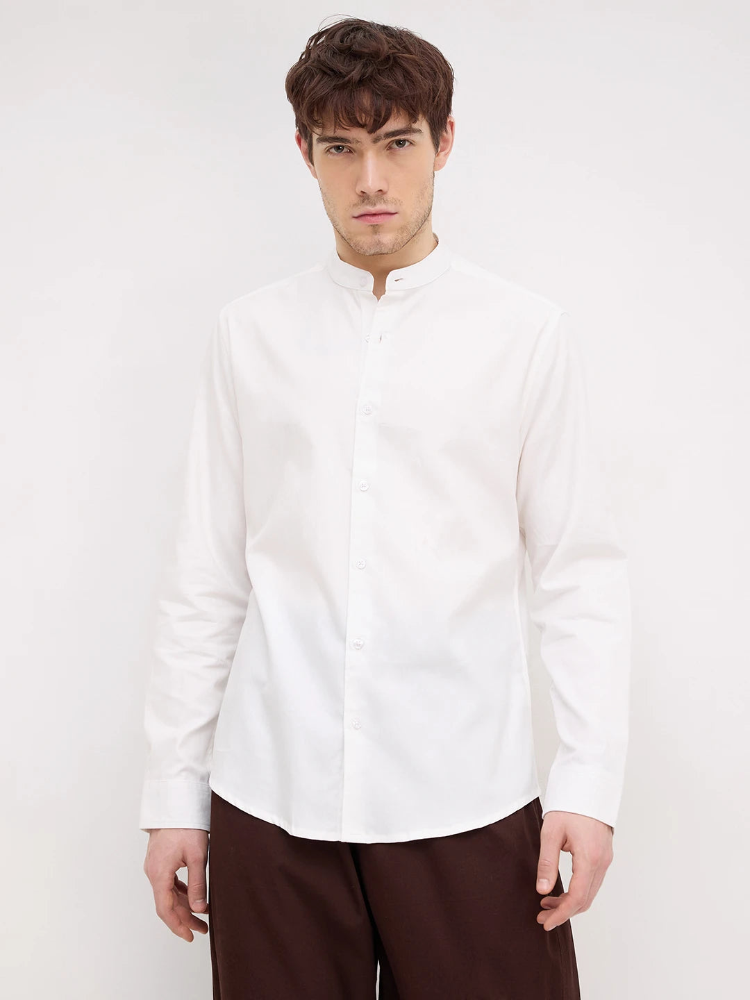 Snow White Herringbone Textured Mandarin Shirt
