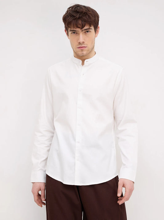 Snow White Herringbone Textured Mandarin Shirt