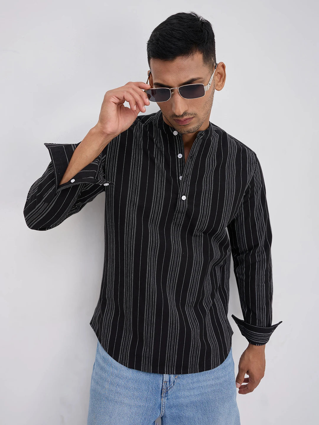 Jet Black Fine Threadwork Striped Kurta