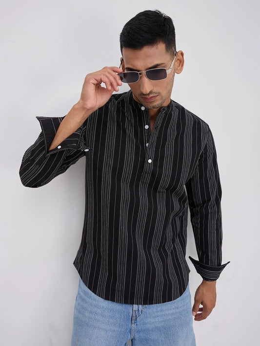 Jet Black Fine Threadwork Striped Kurta