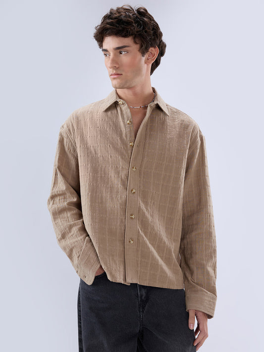 Khaki Grid Textured Story Boxy Fit Crop Shirt