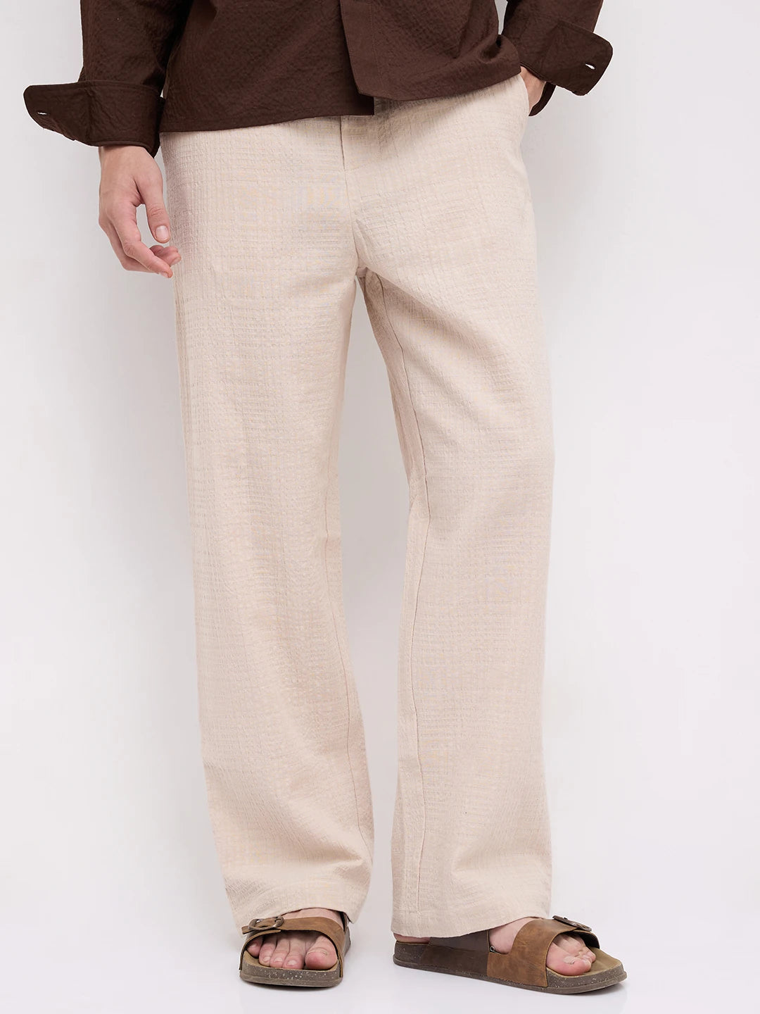 Sand Beige Double Cloth Embossed Straight Fit Trousers