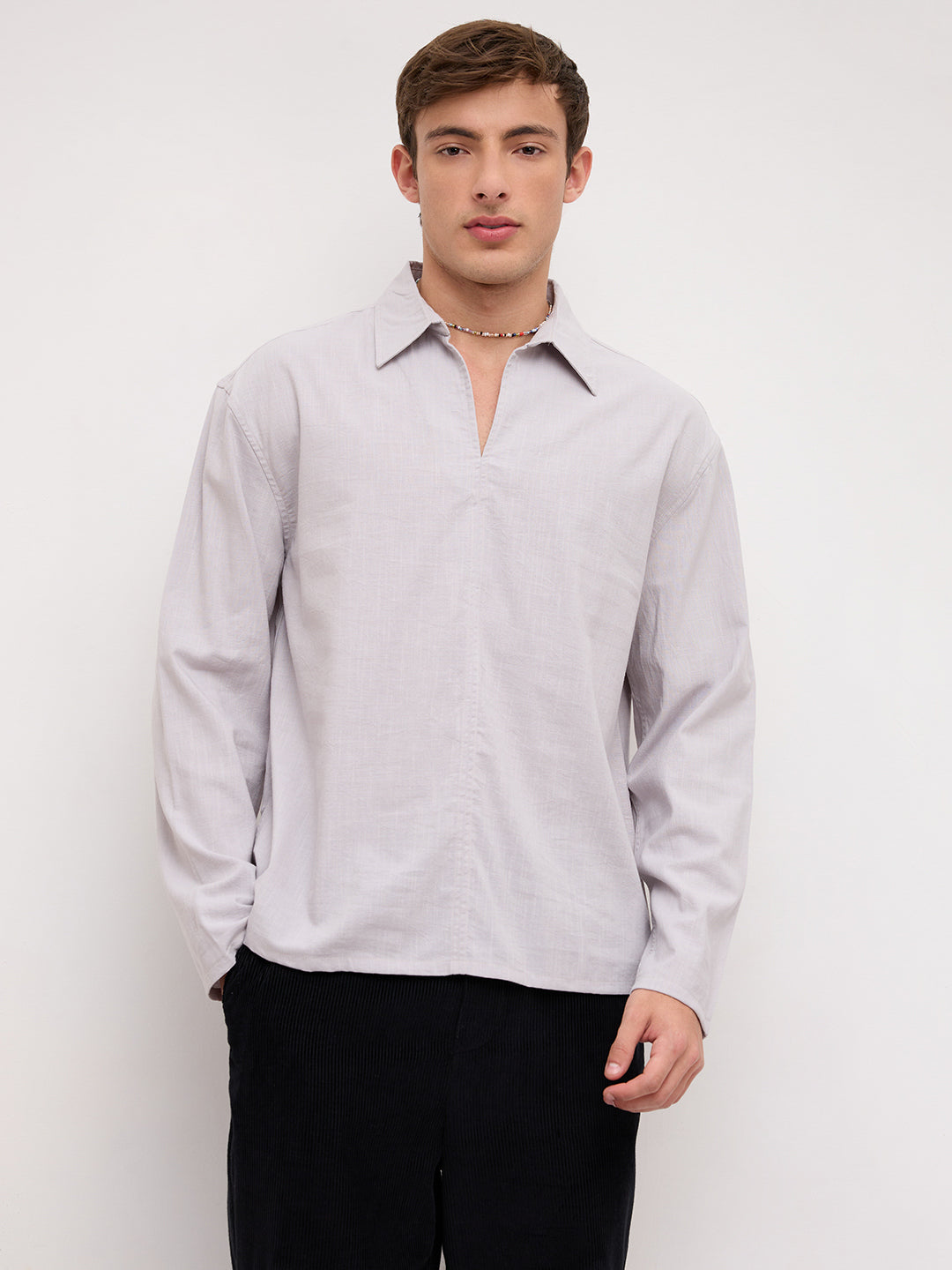 Grey Slub Textured Center Seam Oversized Polo Shirt