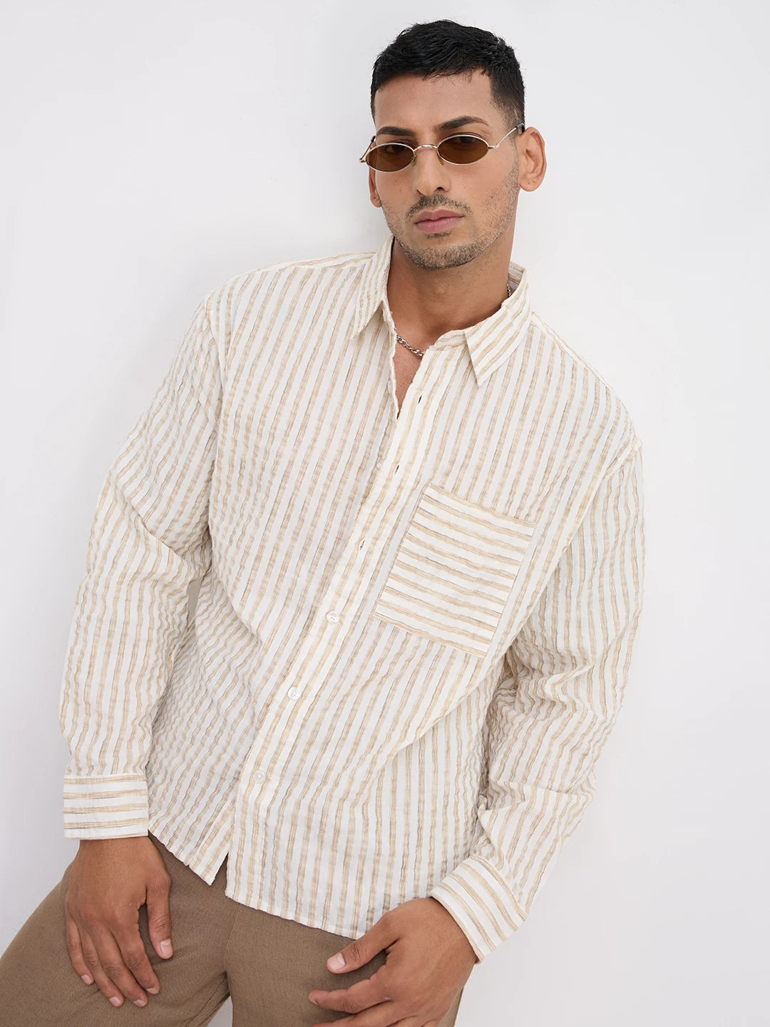 Beige & Ivory Seersucker Candy Striped Boxy Fit Crop Shirt