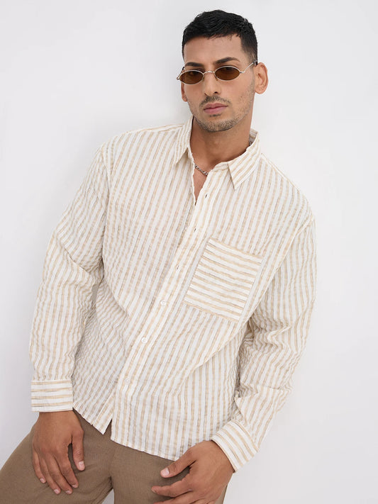 Beige & Ivory Seersucker Candy Striped Boxy Fit Crop Shirt