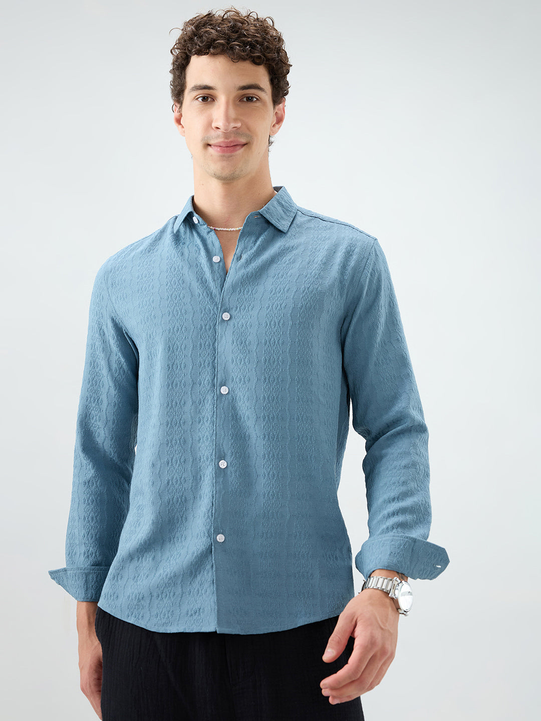 Ocean Teal Motif Raised Textured Crinkled Shirt