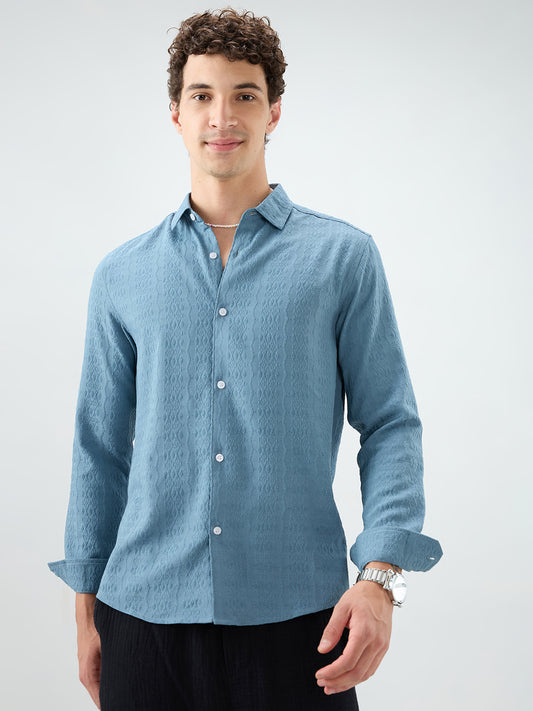 Ocean Teal Motif Raised Textured Crinkled Shirt