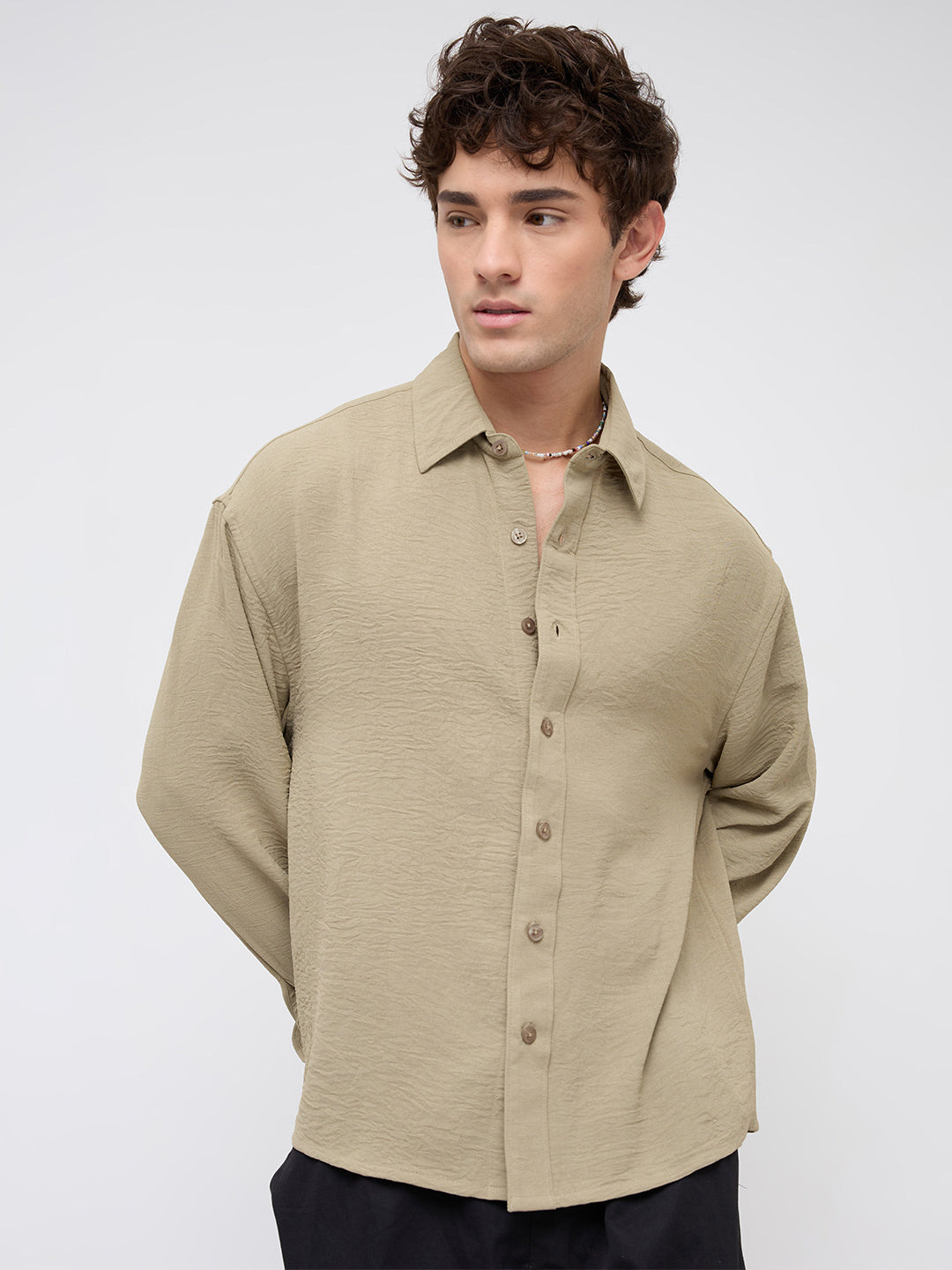 Plush Olive Lightweight Crinkled Boxy Fit Crop Shirt