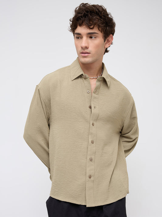 Plush Olive Lightweight Crinkled Boxy Fit Crop Shirt