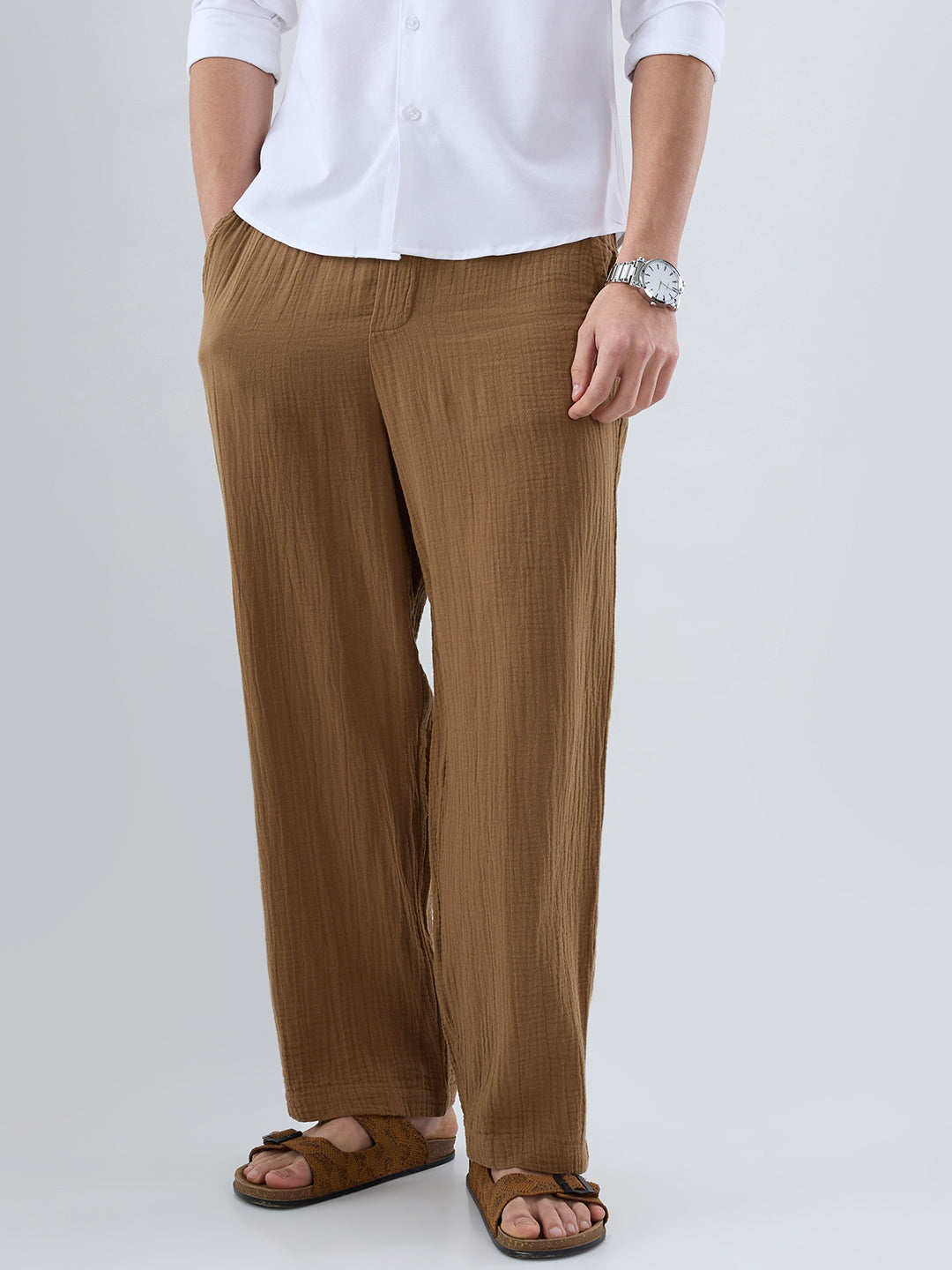 Classic Caramel Brown Double Cloth Straight-Fit Trousers
