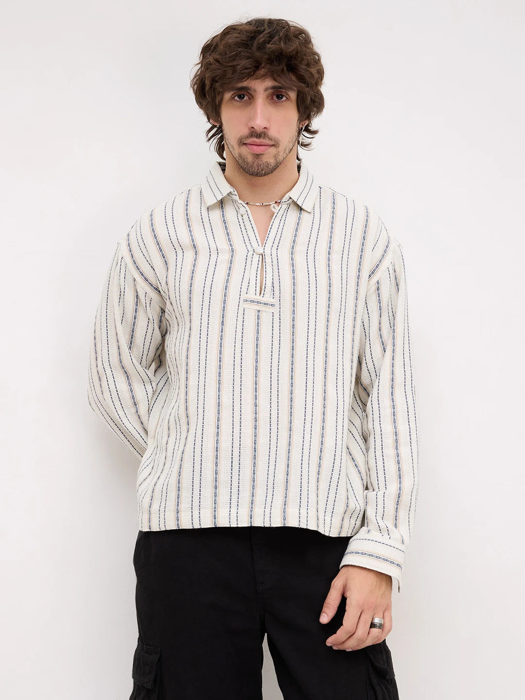 Premium Ivory Nomad Striped Threadwork Loop Button Oversized Shirt