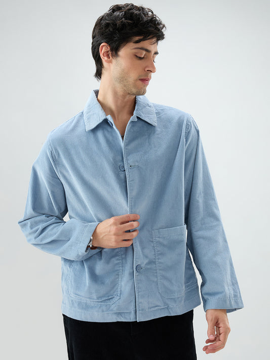 Exquisite Blue Corduroy Double Pocket Oversized Shacket