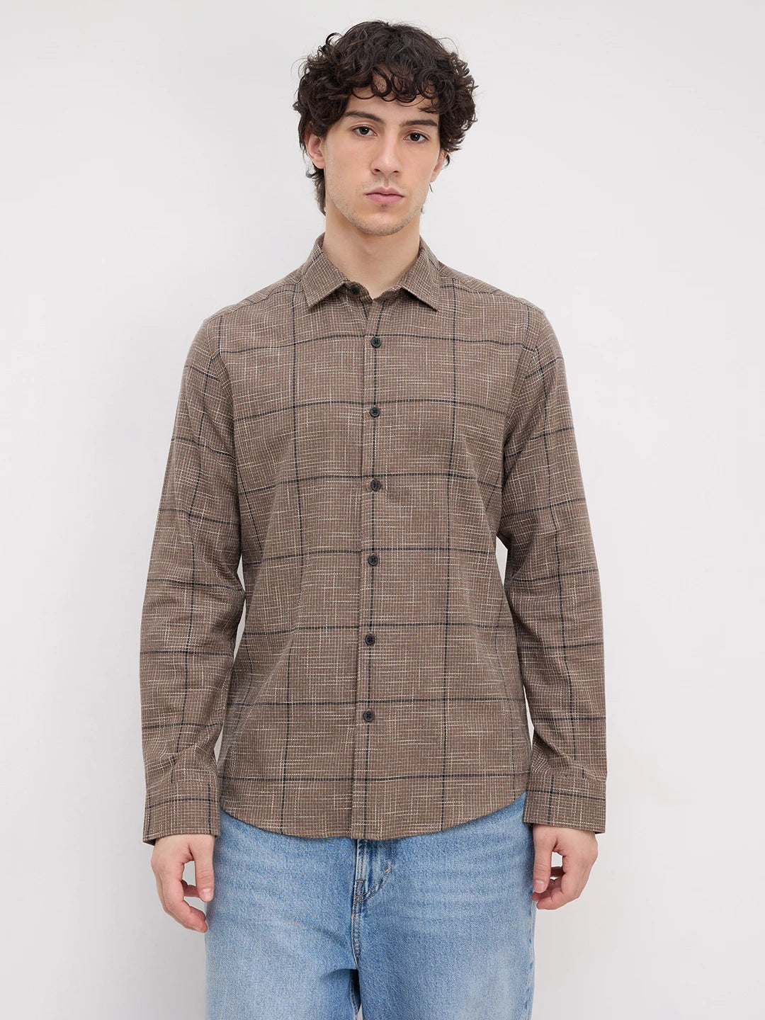 Russet Brown Contrast Windowpane Checks Shirt